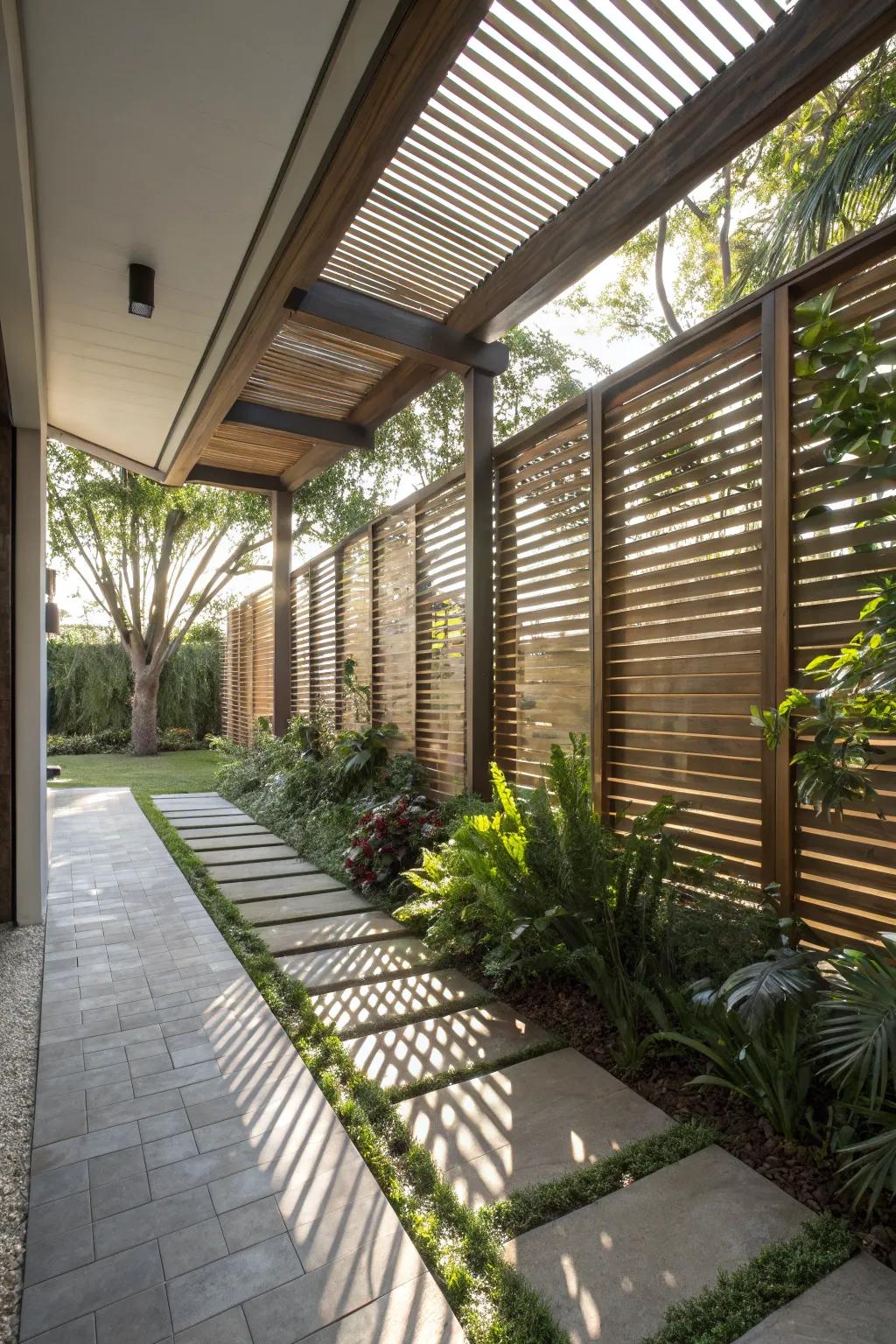 A patio enjoying privacy and light with louvered slats.