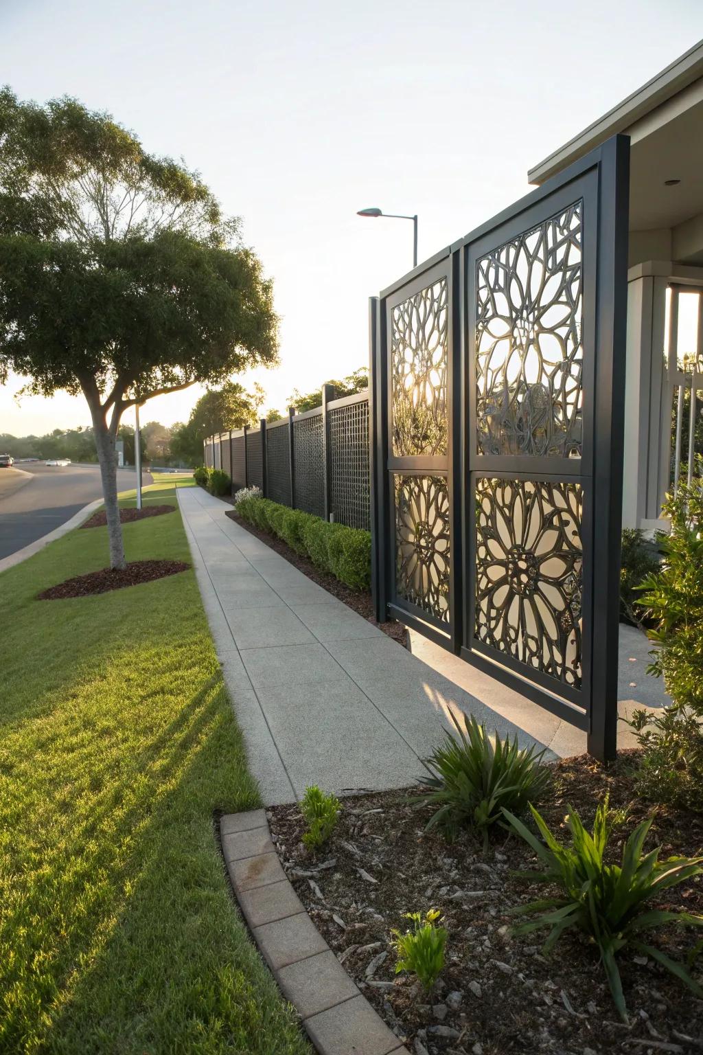 A decorative sliding gate featuring artistic metal cut-outs.