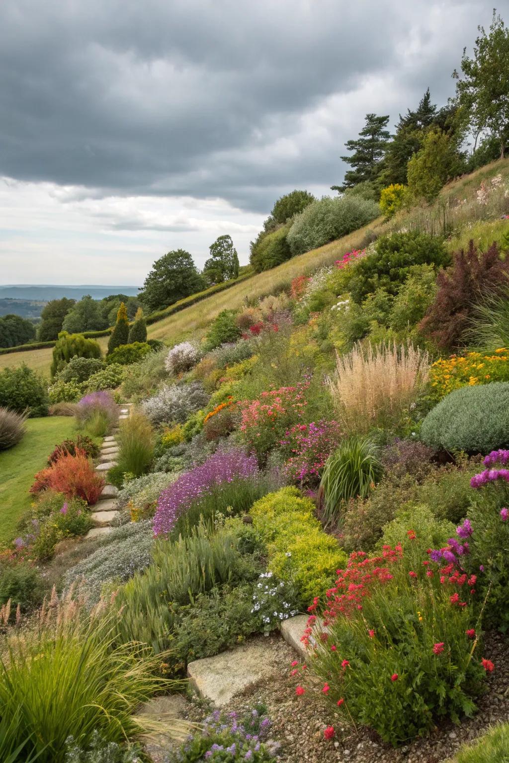 Native plants offer beauty and resilience on sloped gardens.