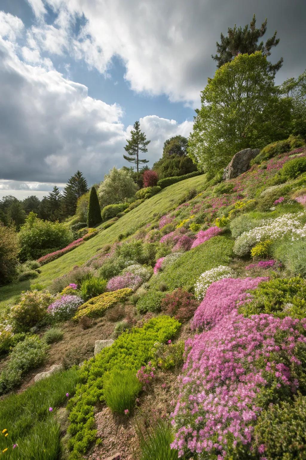 Low-maintenance plants reduce upkeep while enhancing your slope's beauty.