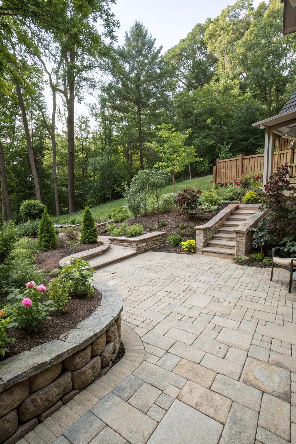 A durable and attractive patio made from stone pavers on a slope.
