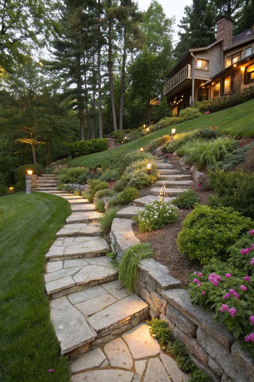Stone pathways connecting various levels in a sloped backyard.