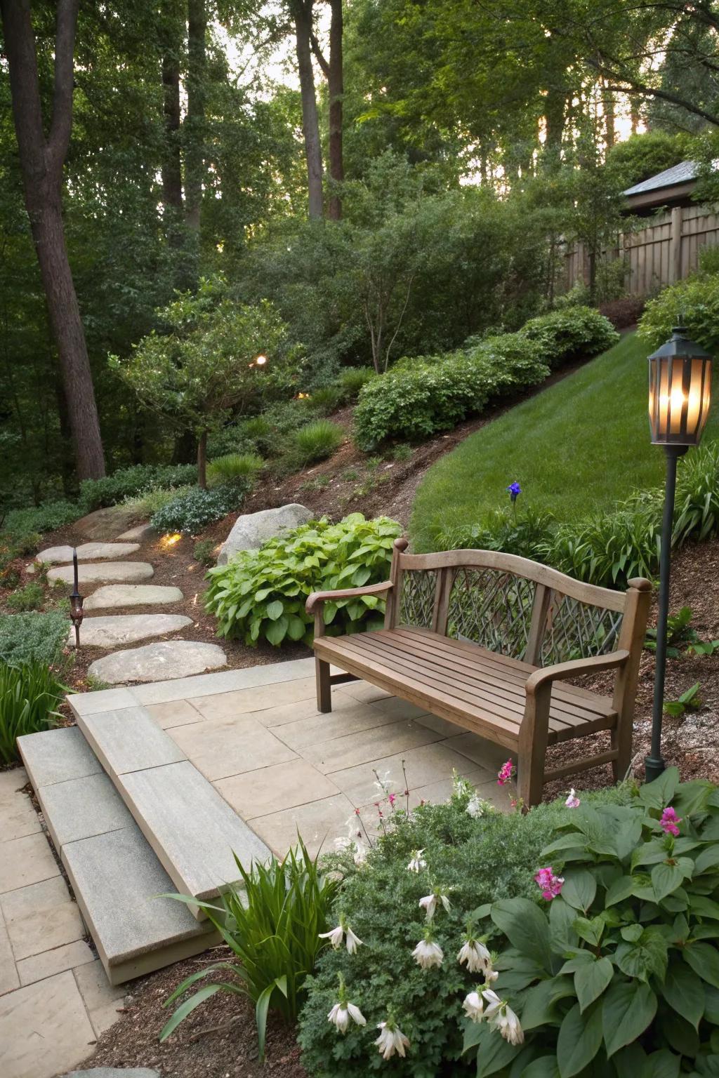 Seating areas invite relaxation on slopes.