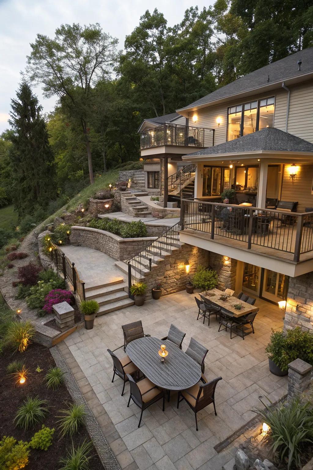Multi-level patios provide diverse spaces for entertaining and relaxation.