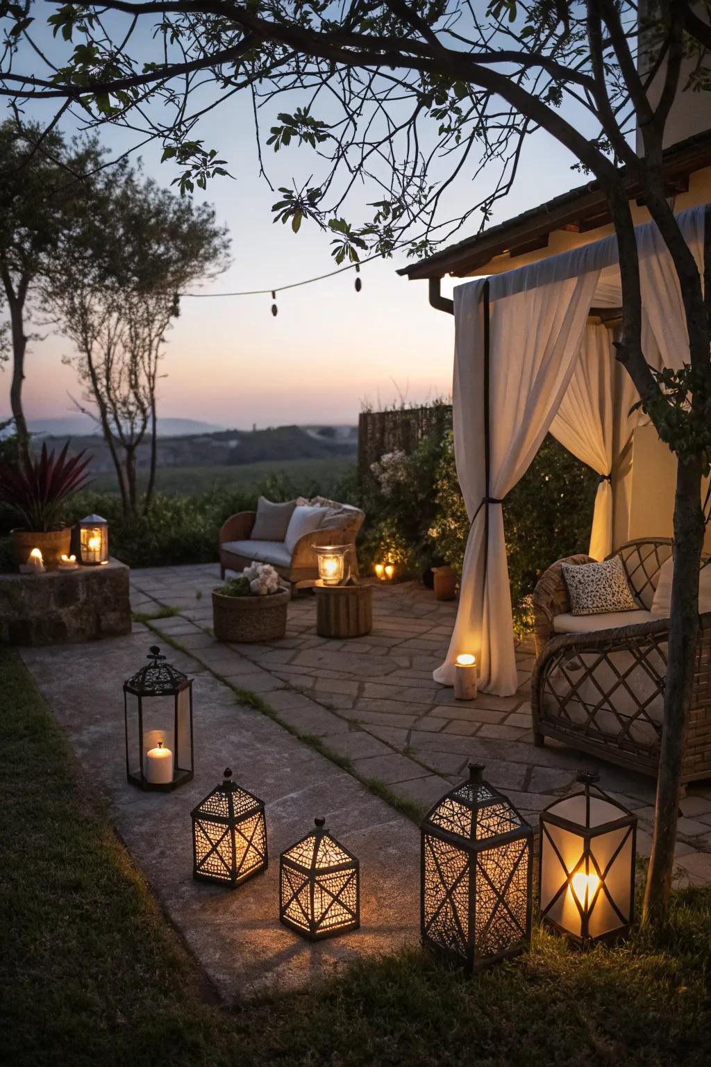 Lanterns provide a cozy ambiance on a small patio.