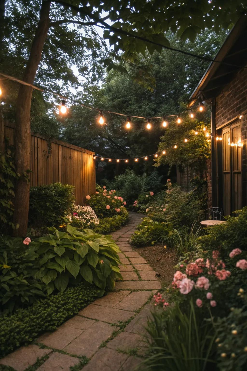String lights bring a warm glow to a small garden.
