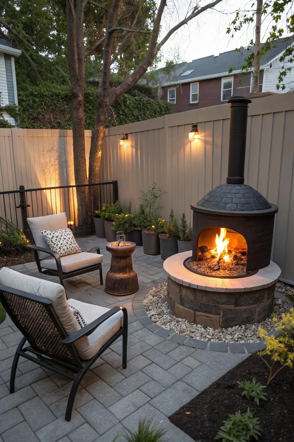 A small fire pit adds warmth and becomes a cozy gathering spot.
