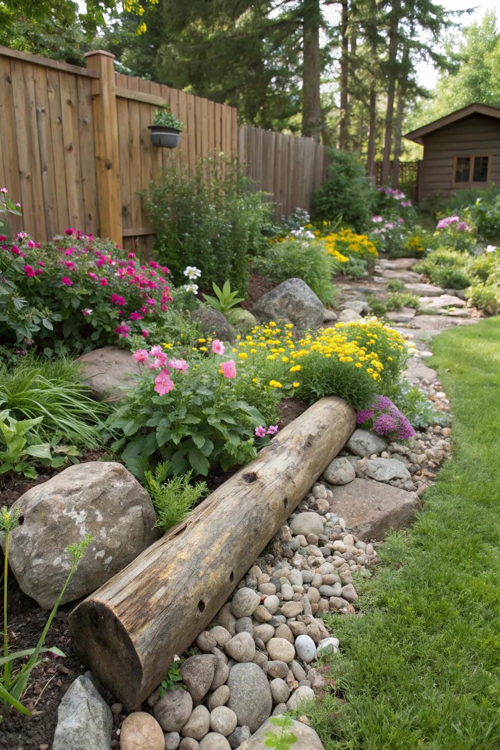 Natural elements like logs and rocks add texture.