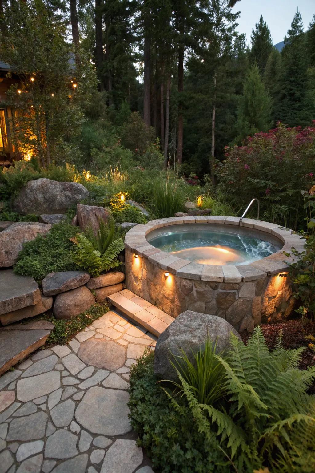 Integrate your jacuzzi into nature with thoughtfully placed landscaping.