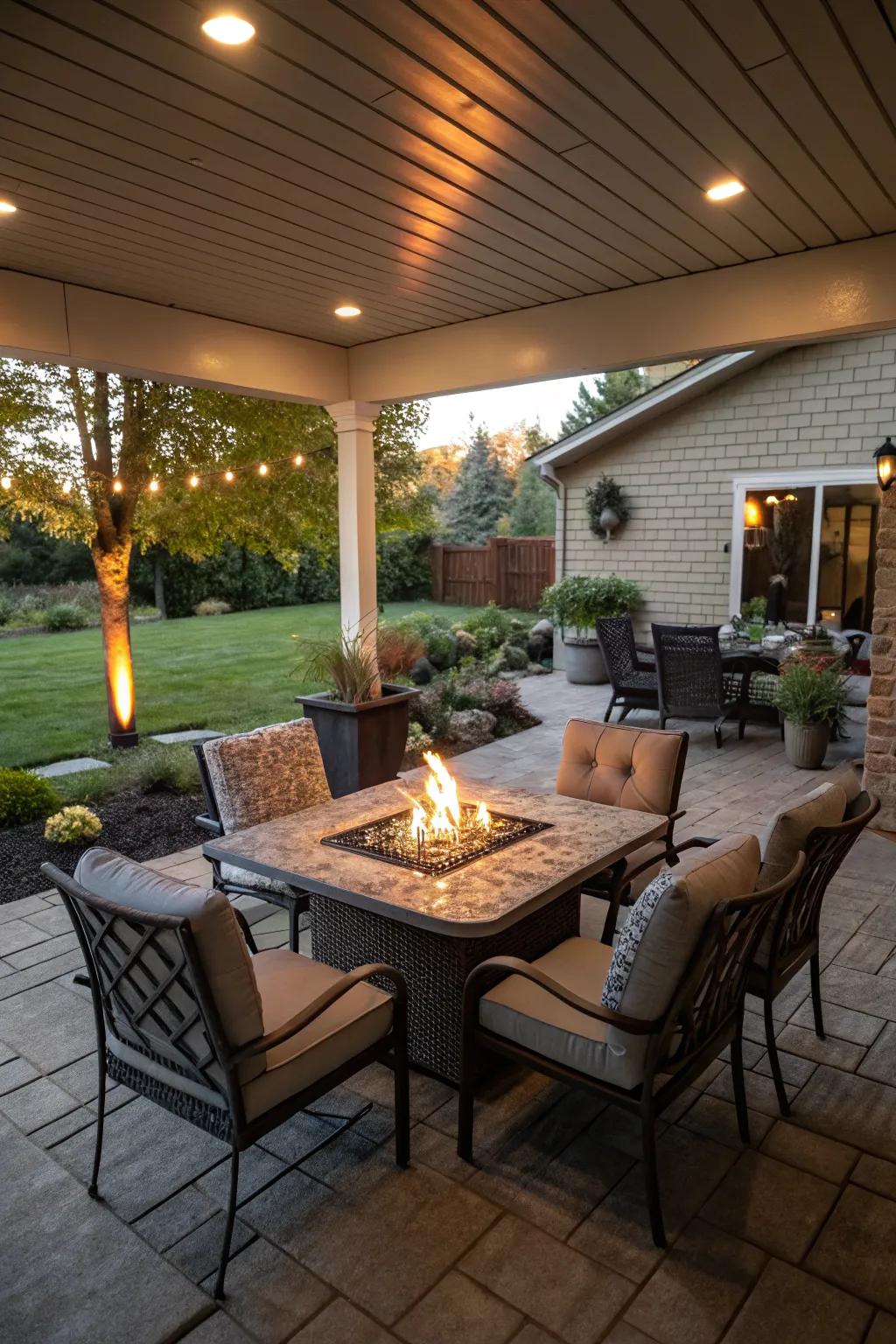 A multifunctional fire pit table setup for dining and warmth.