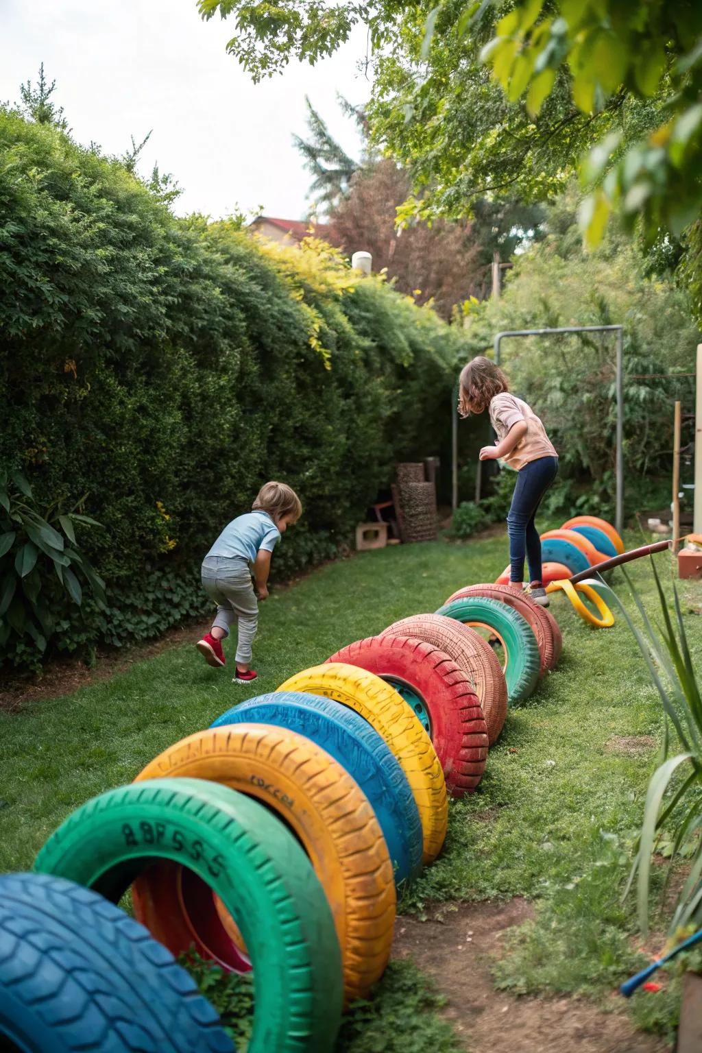 A colorful tire climbing frame that doubles as an eco-friendly play area.