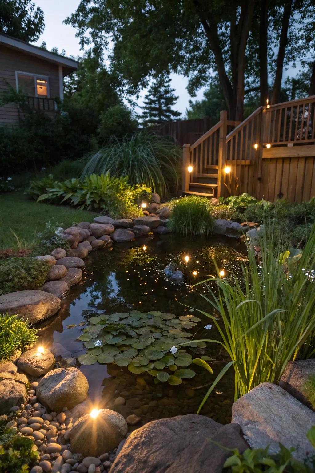 A backyard pond beautifully lit with LED lights for nighttime allure.