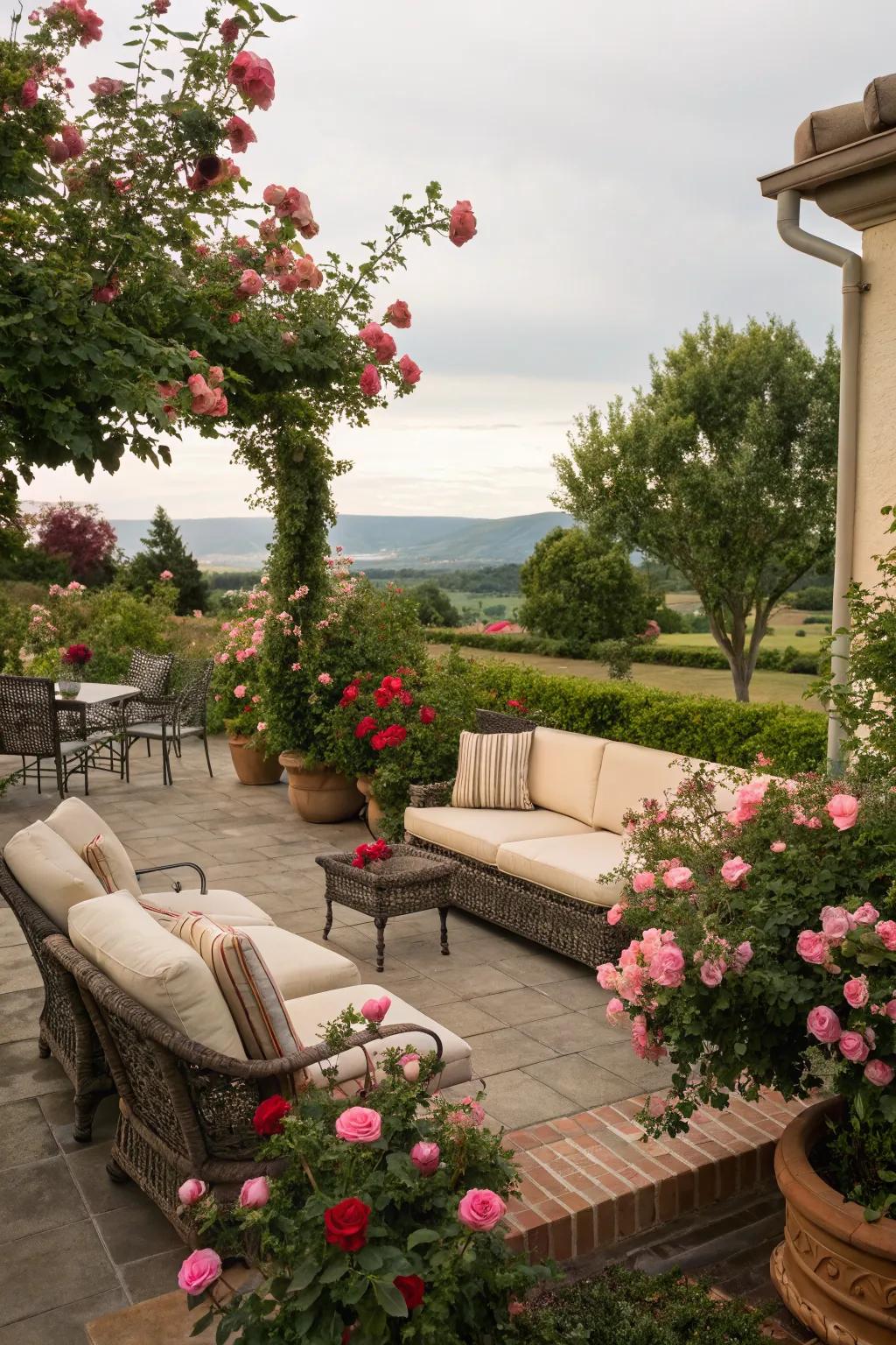 A patio area offers a perfect spot to enjoy your rose garden.