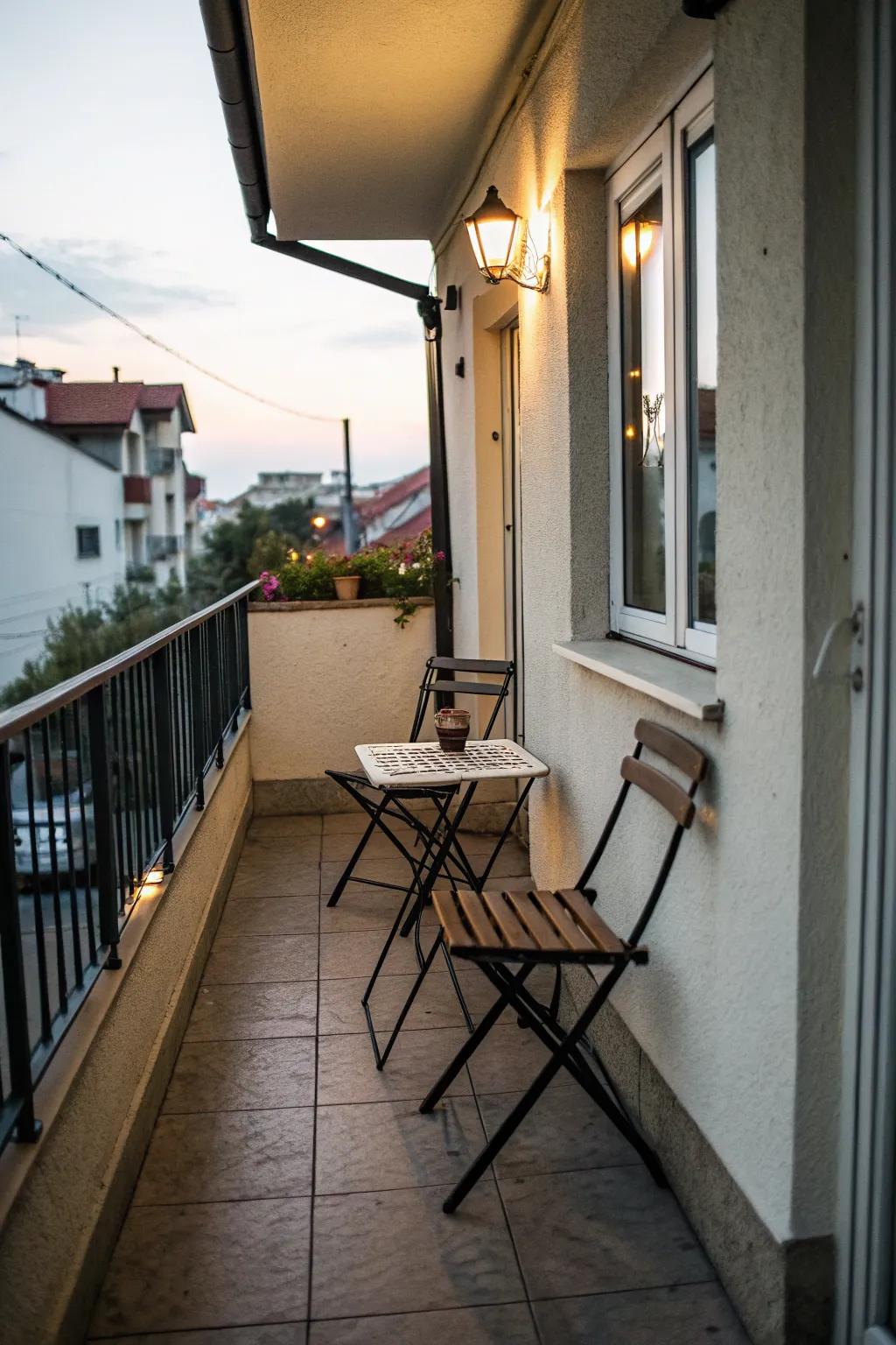 Folding furniture offers flexibility for small balcony spaces.