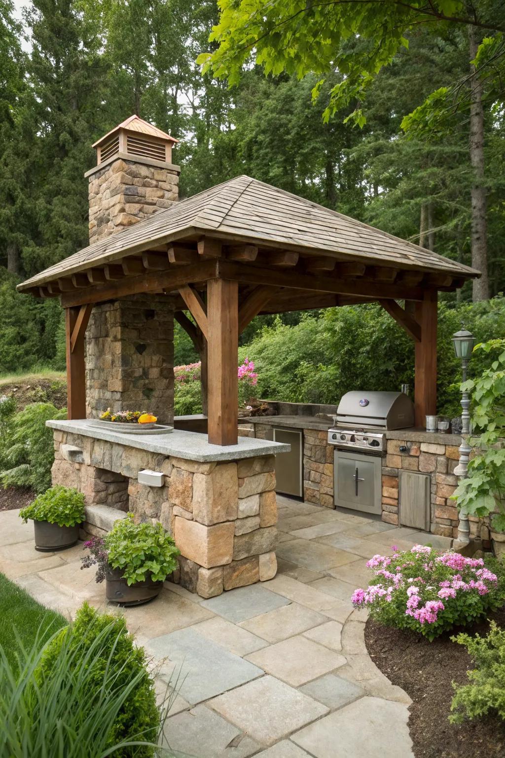 Rustic materials create a cozy BBQ spot.