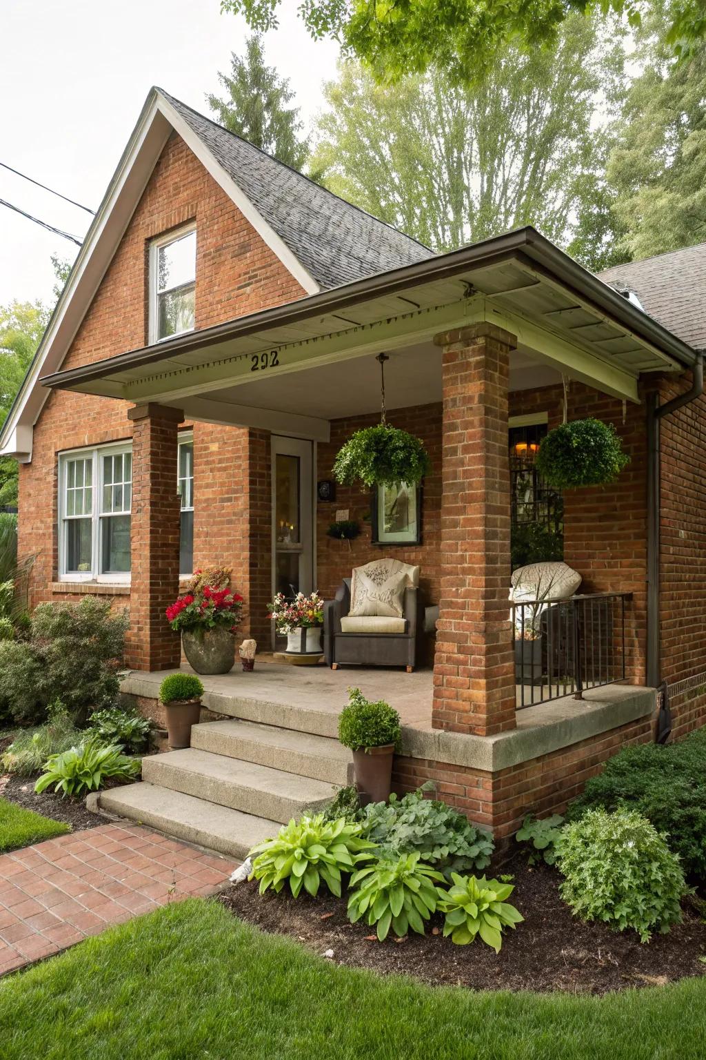 A small brick house with a welcoming front porch ideal for relaxation.