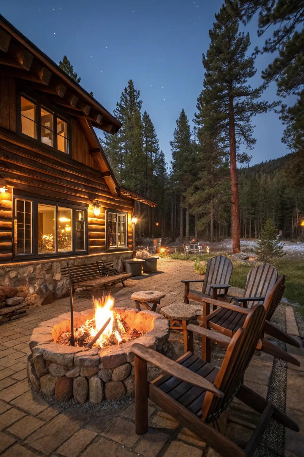 A warm and inviting fire pit area outside a small cabin.