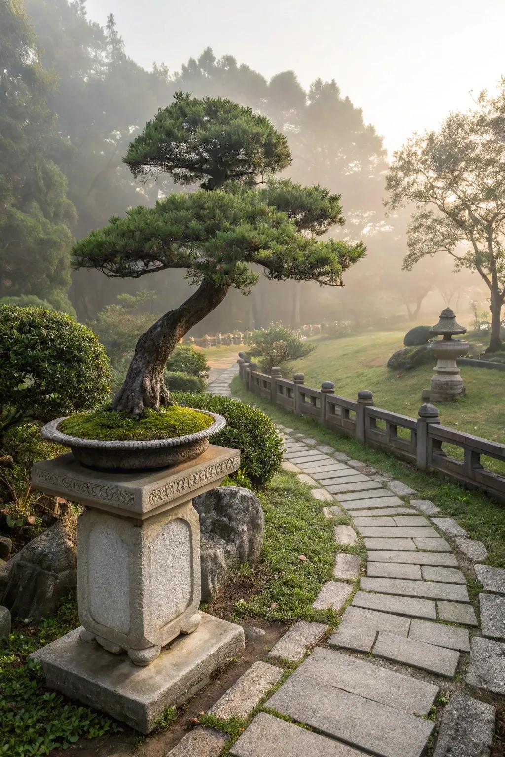 A bonsai tree on a pedestal in a small Chinese garden.