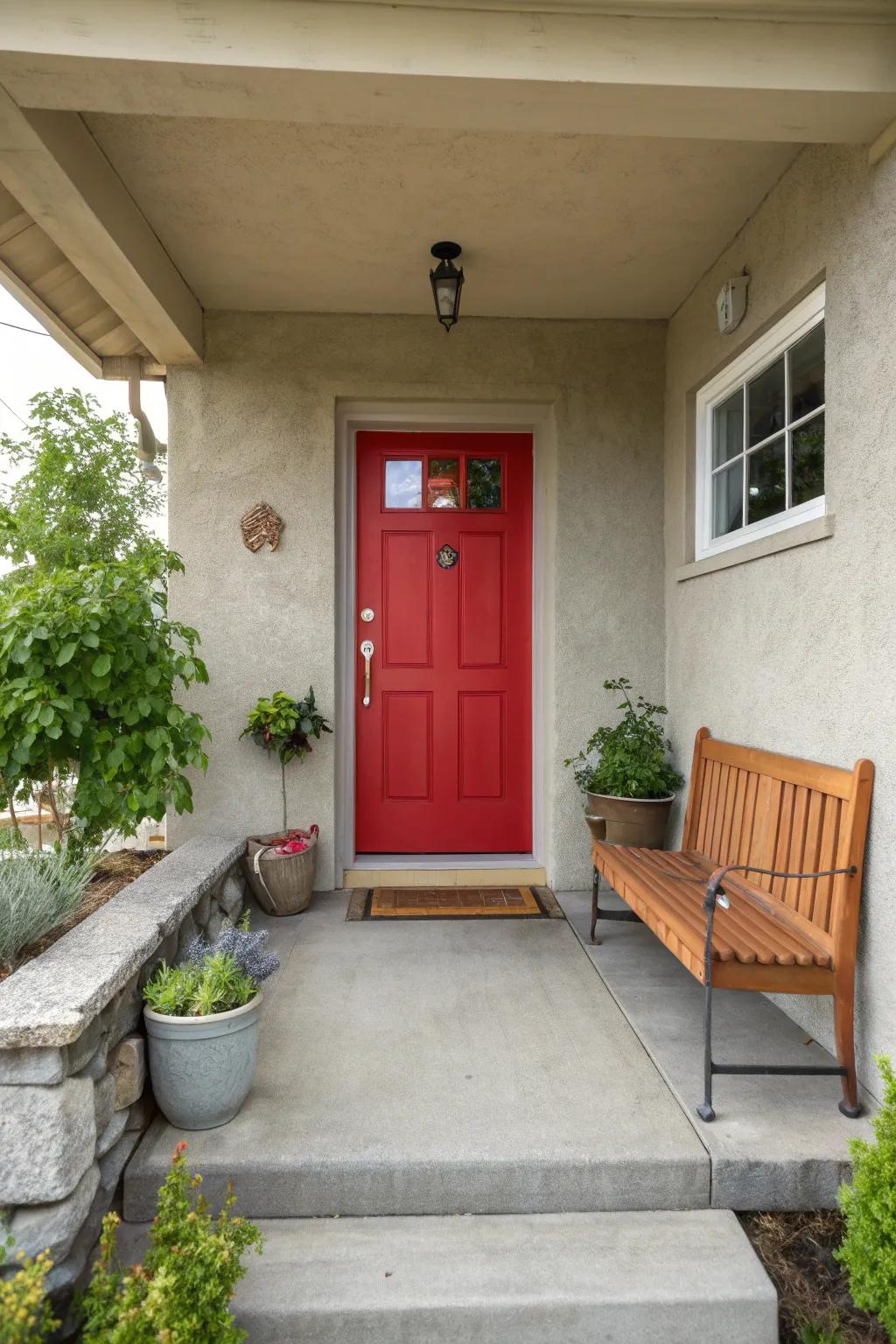 A small concrete porch with a bold red front door.