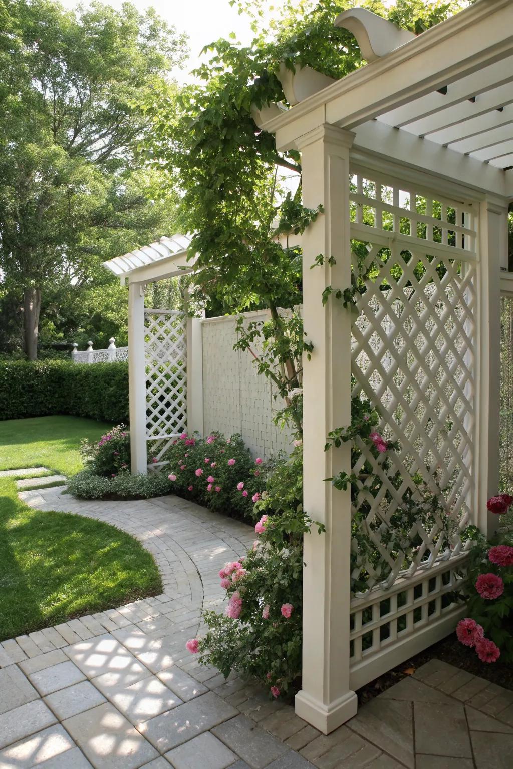 Lattice screens offer privacy and style to a corner pergola.