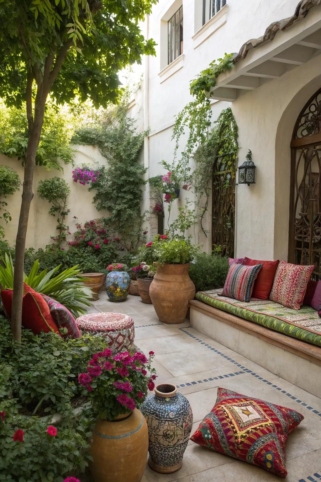 Decorative elements add personality to a small courtyard garden.