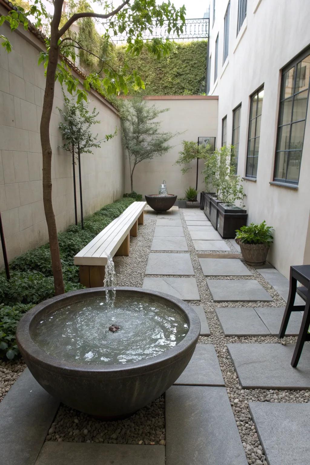 A sleek bowl fountain adds modern flair to this small courtyard.