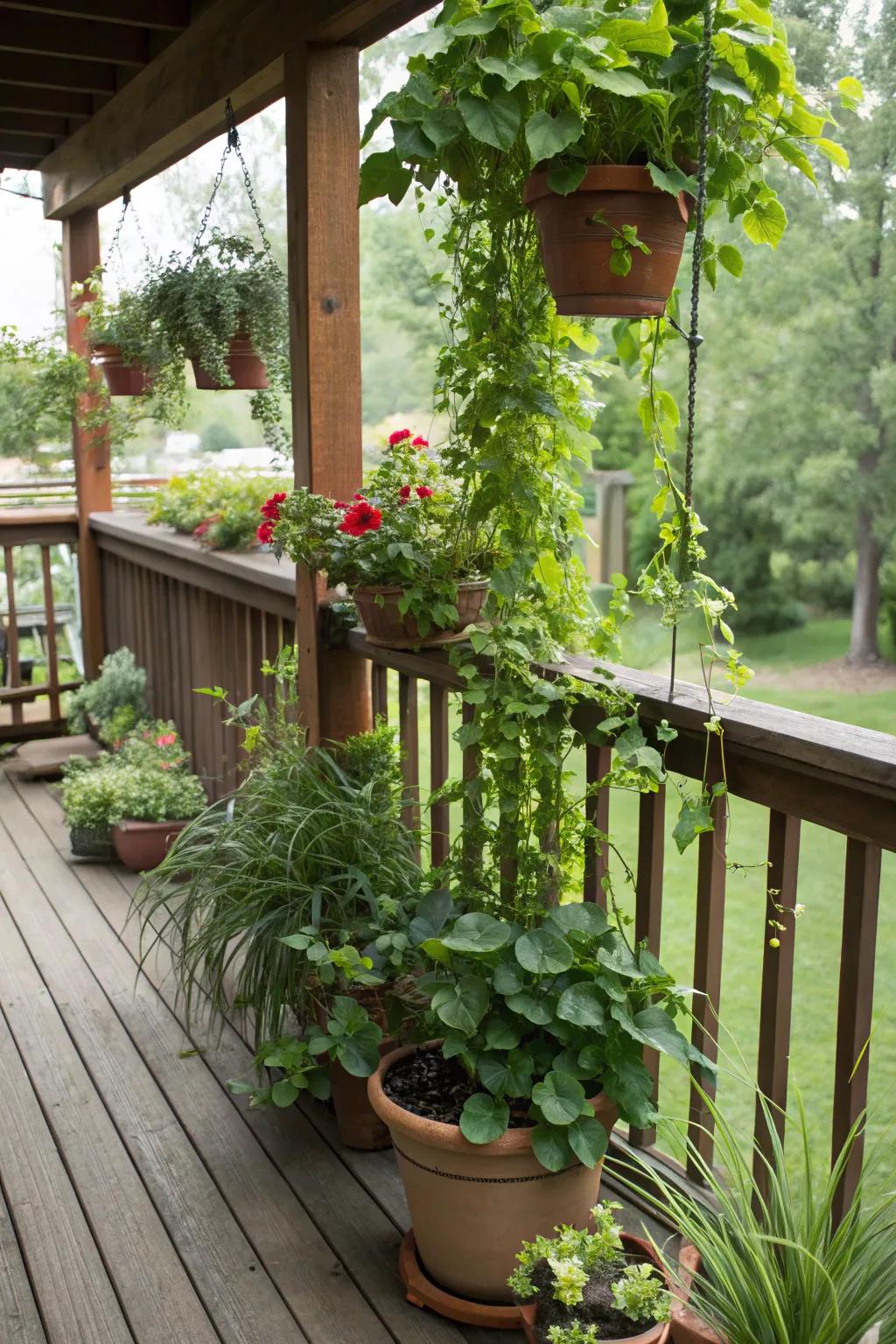 Transform your deck into a green haven with potted plants.