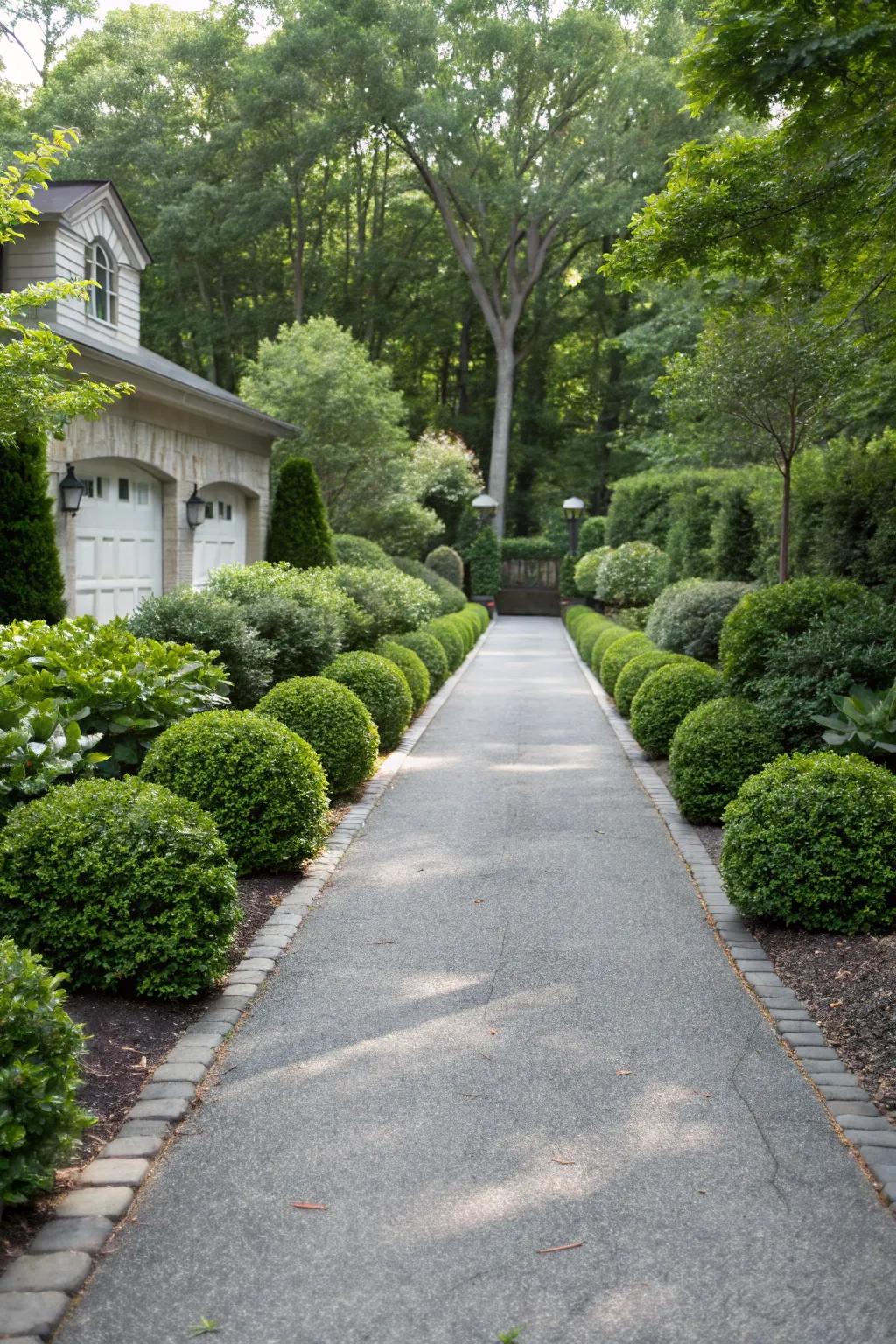 Symmetry adds elegance and balance to driveway landscaping.