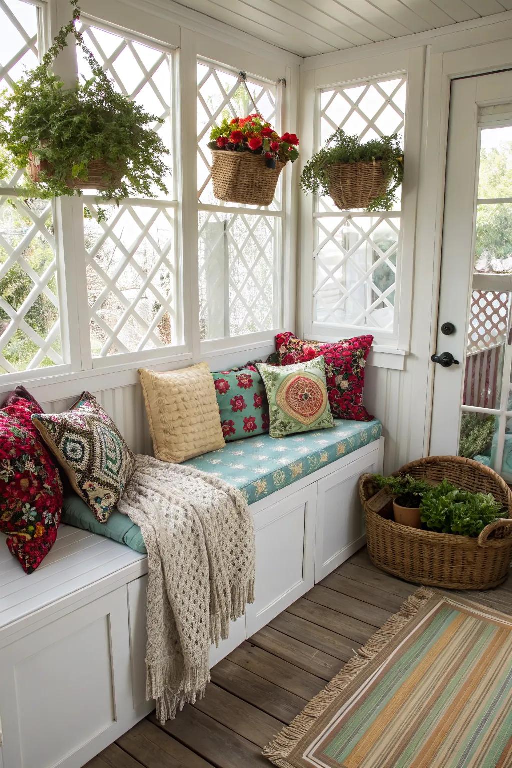 Smart storage solutions keep this porch neat and functional.