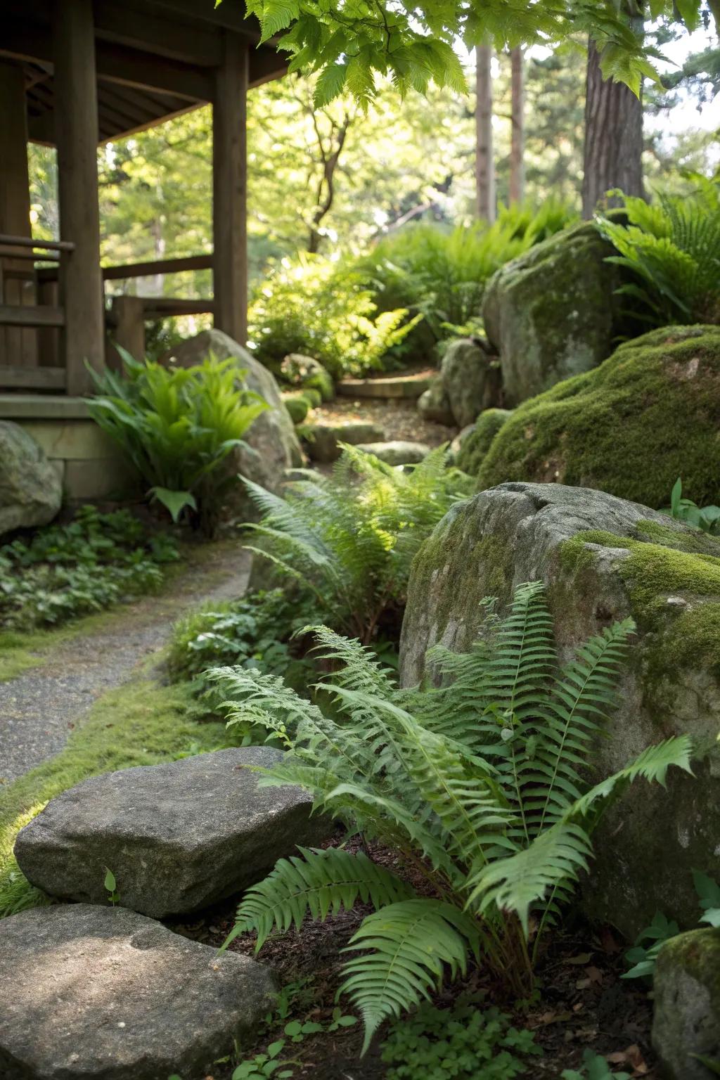 Rocks integrated into a fern garden for a natural look.