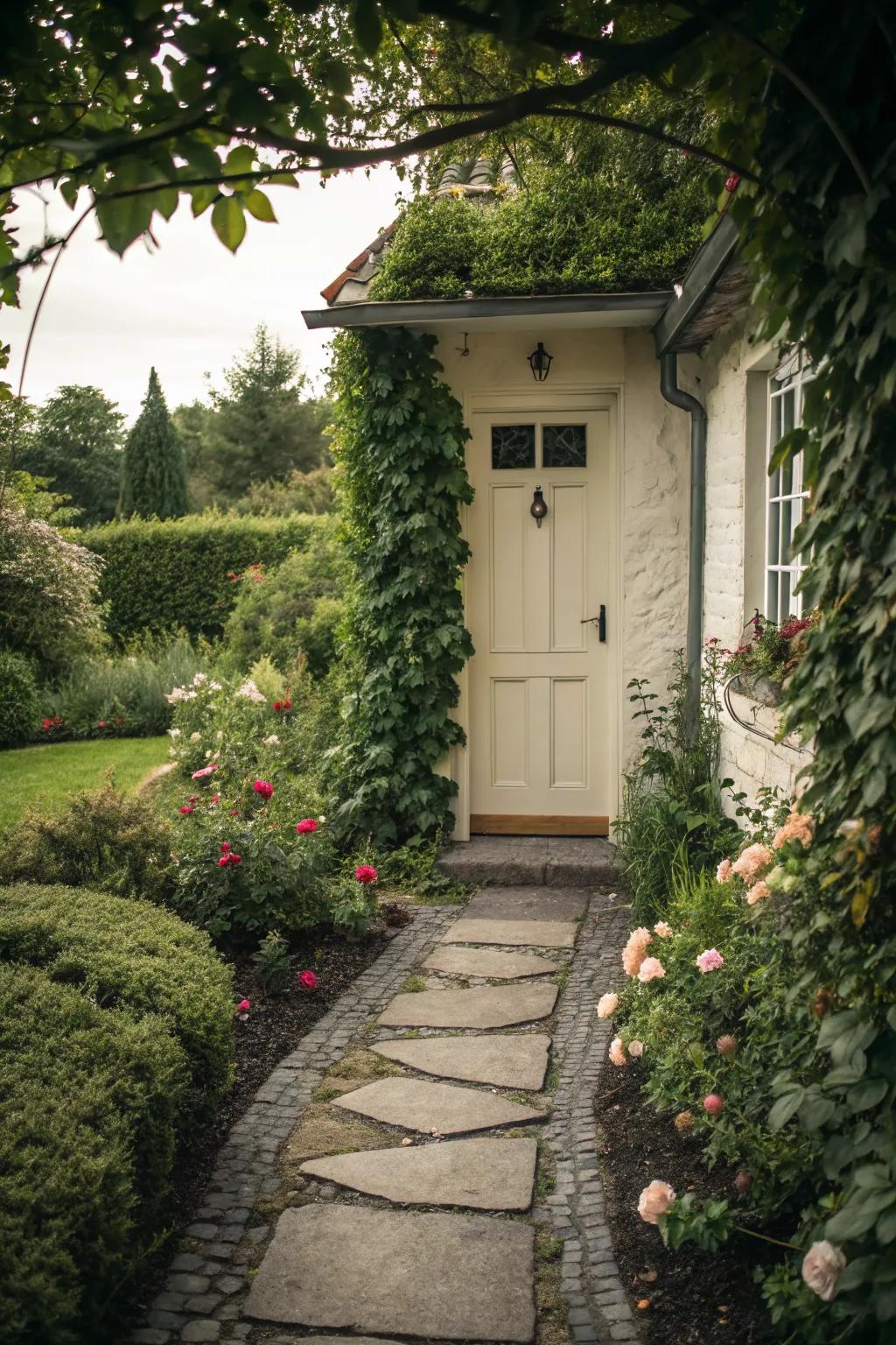 A stone pathway leading to a small front door creates cohesion.
