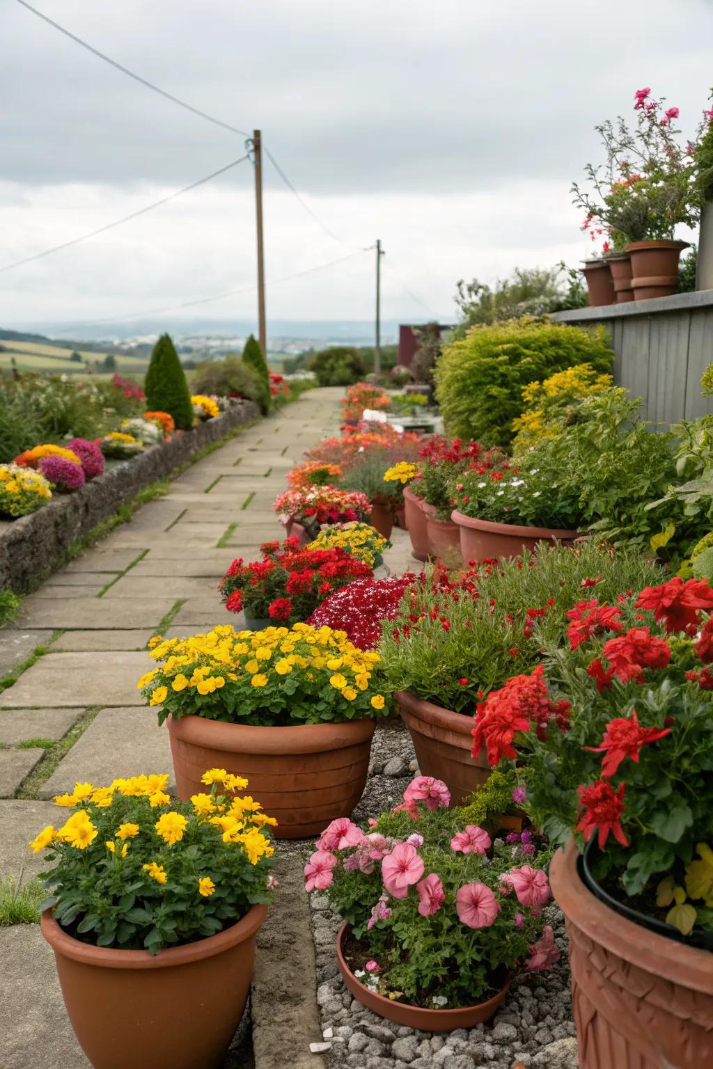Potted plants and flower beds bring vibrant colors to the garden.