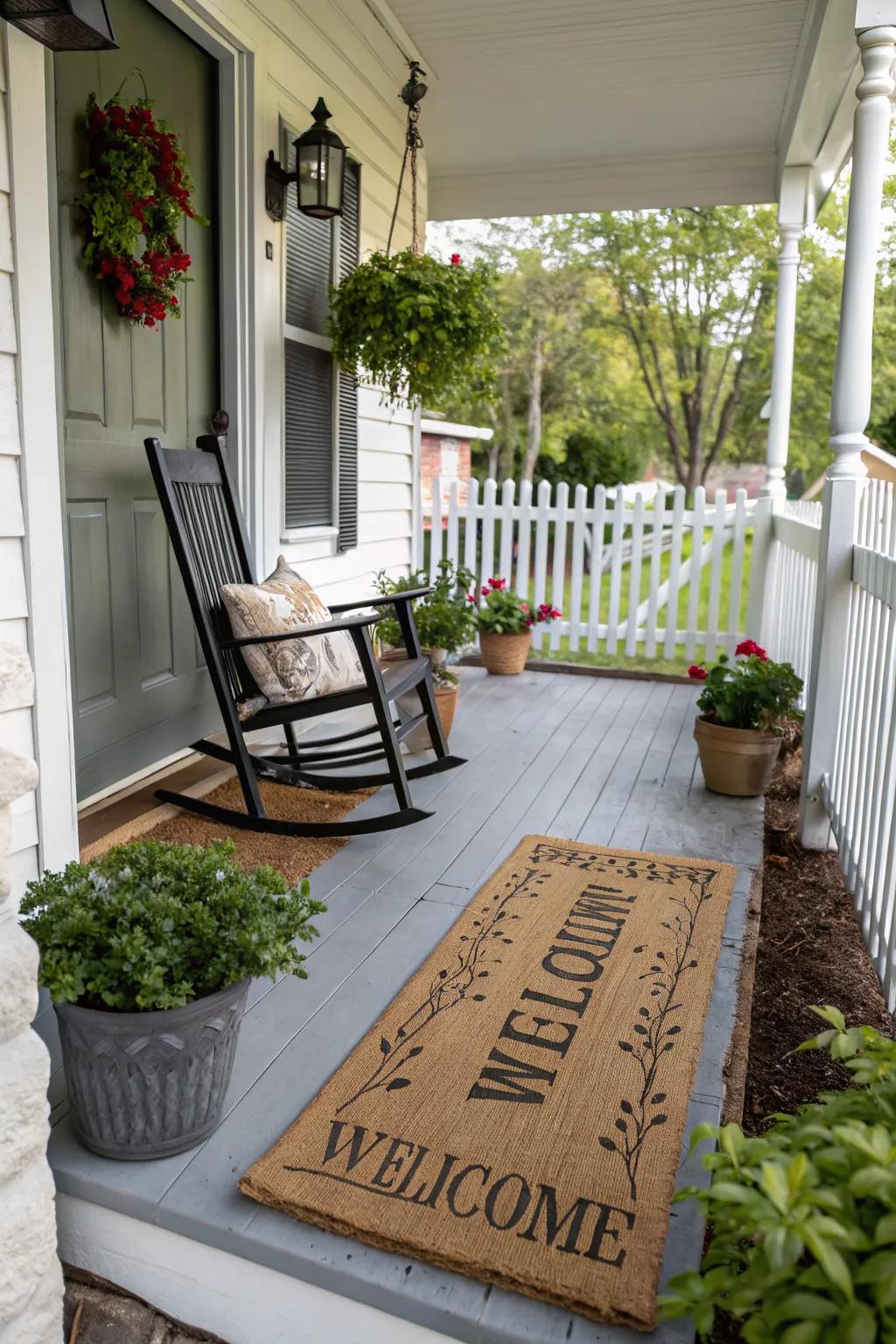 A personalized mat welcomes guests with style