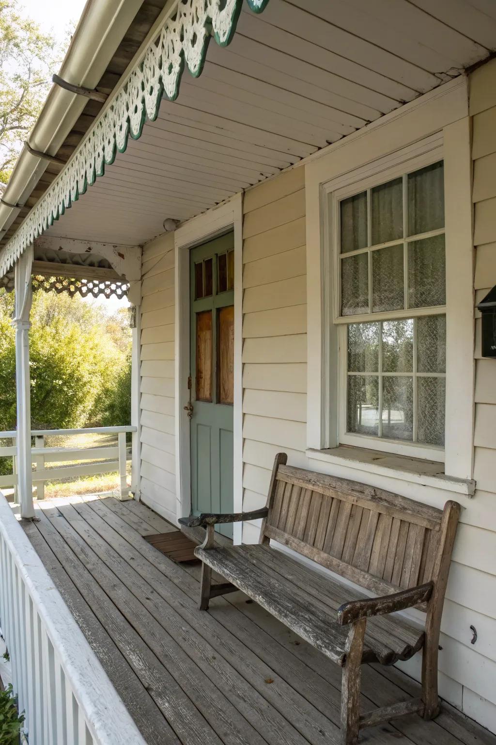 A small bench under the awning creates a cozy sitting area.