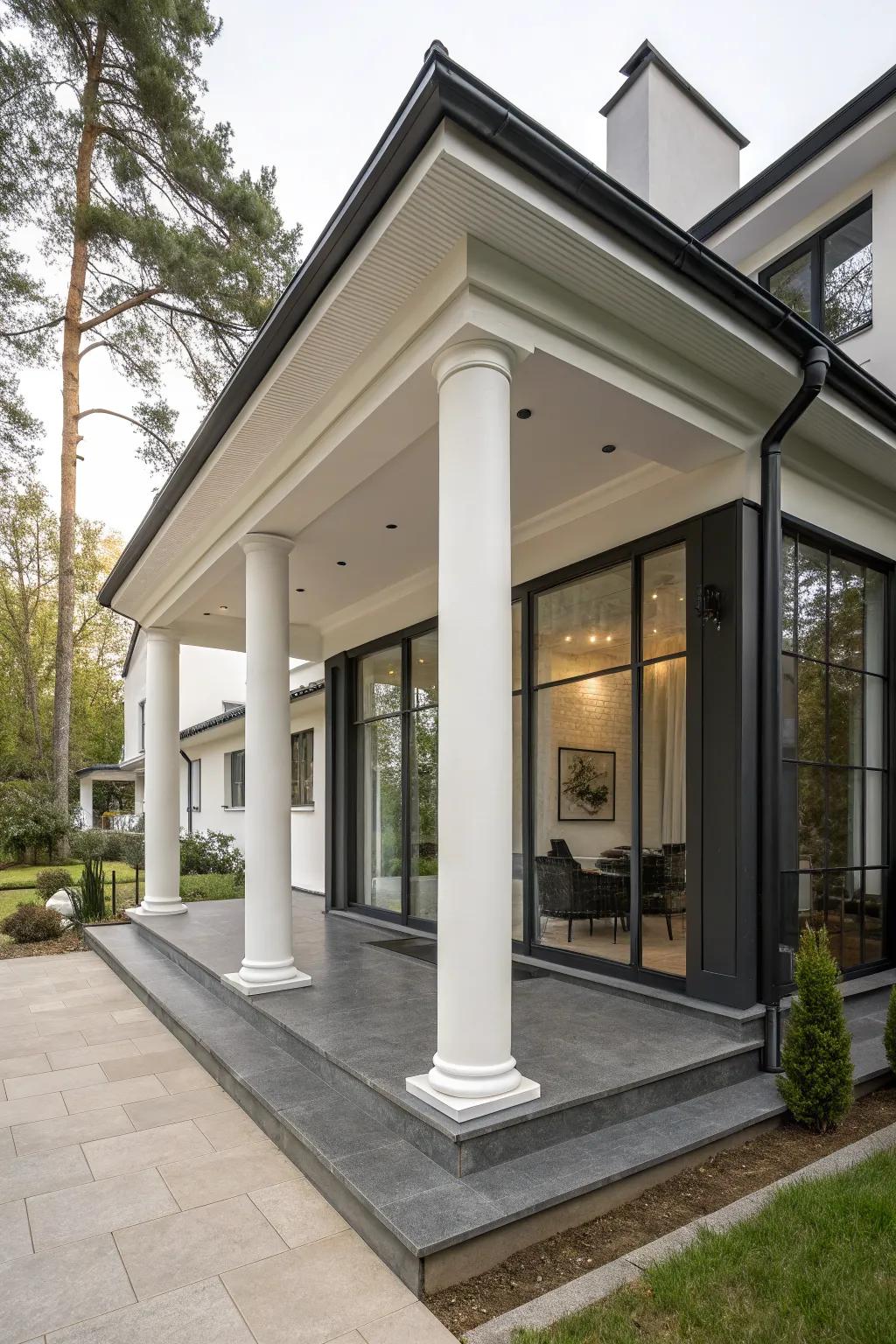 Modern tapered columns bring a sophisticated edge to this charming porch.