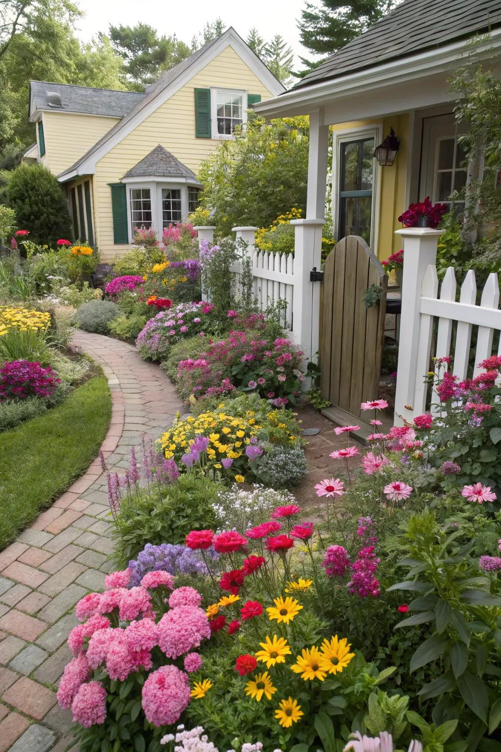 A burst of colorful blooms adds vibrancy to this small cottage garden.