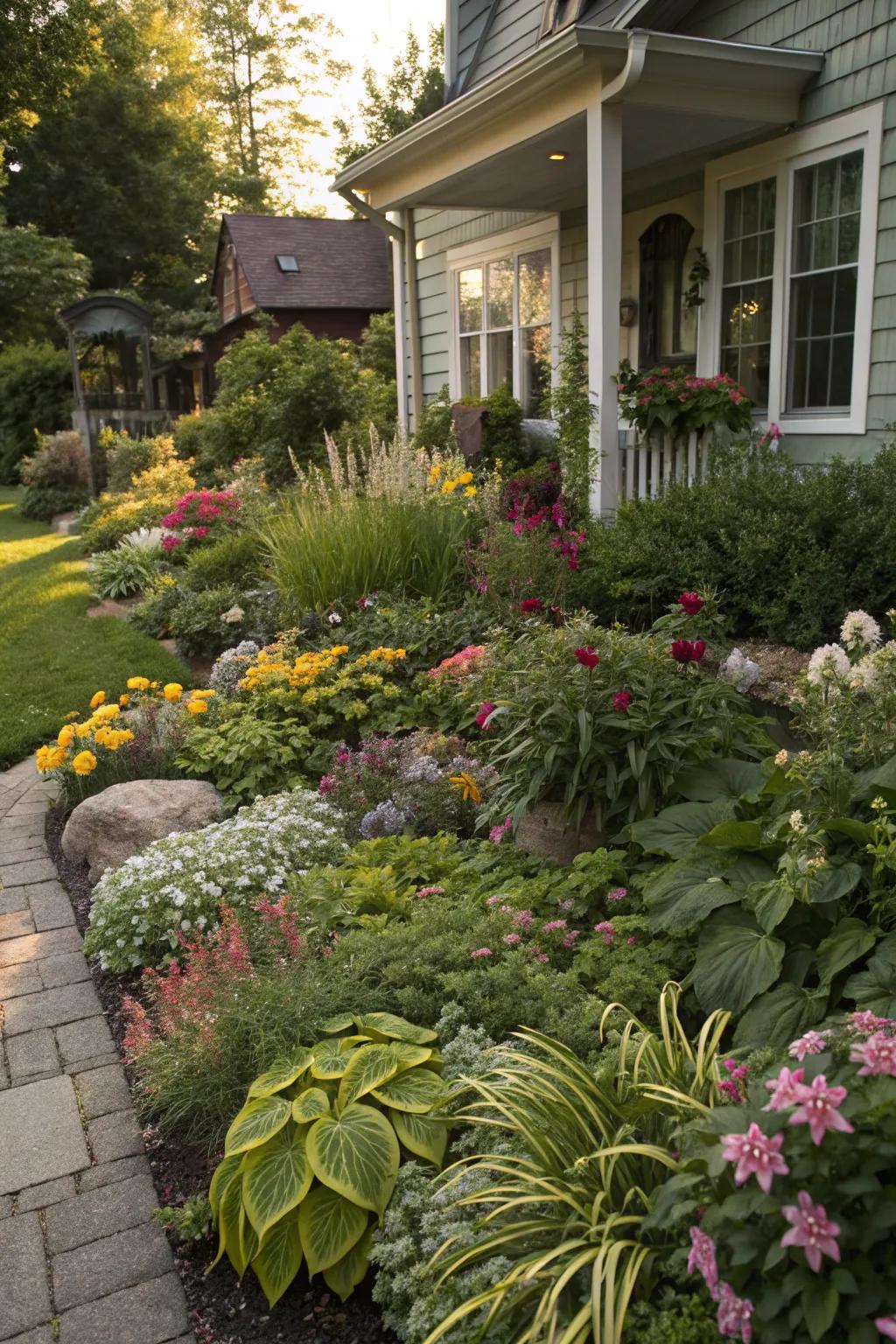Dense planting creates a lush and inviting small front yard garden.