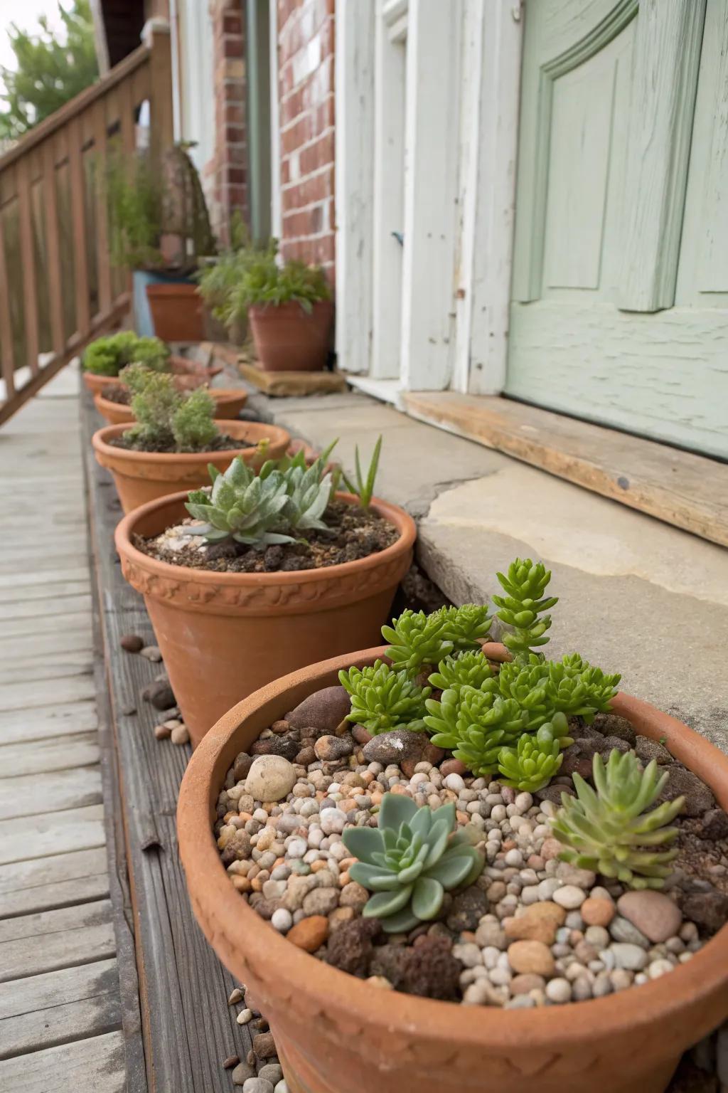 Containers filled with pebbles and succulents add a stylish touch.