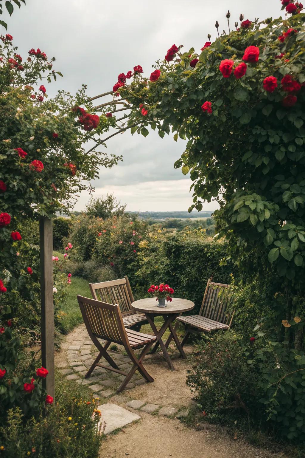 A cozy seating area nestled among blooming roses.