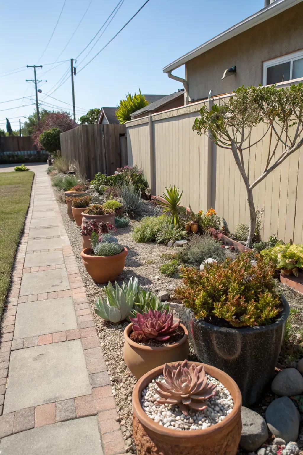 Decorative pots bring personality to a xeriscape.