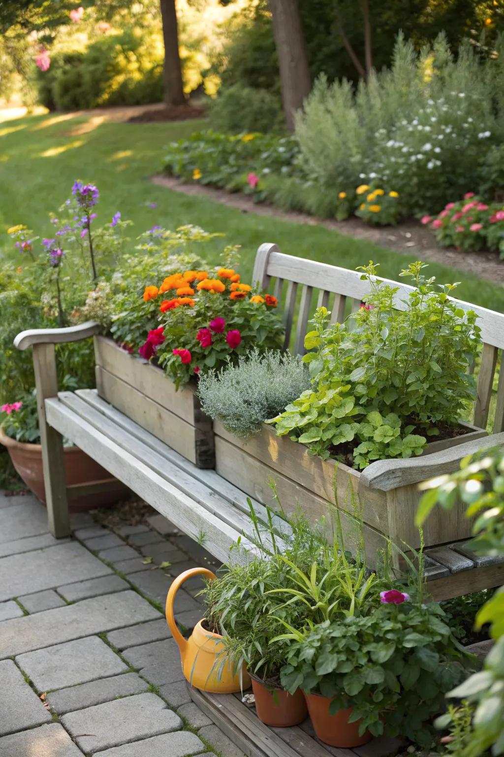 Greenery-filled bench with built-in planters for a lush garden feel.