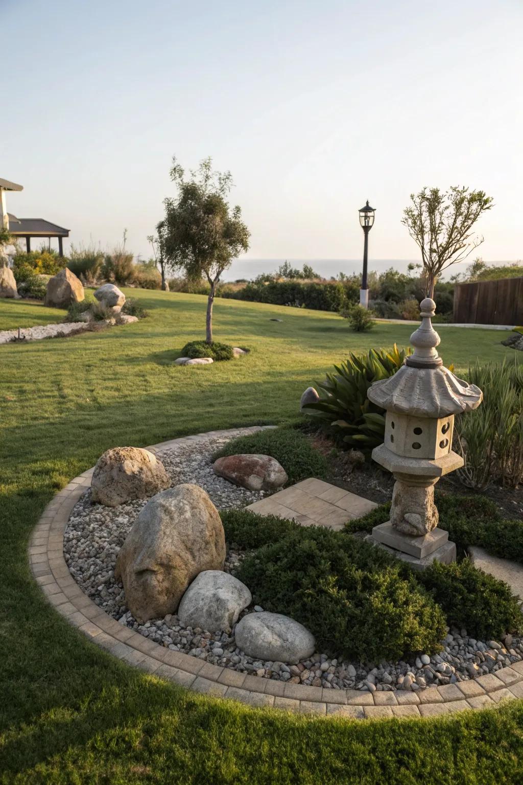 A stone statue and decorative rocks enhance the circular lawn's appeal.