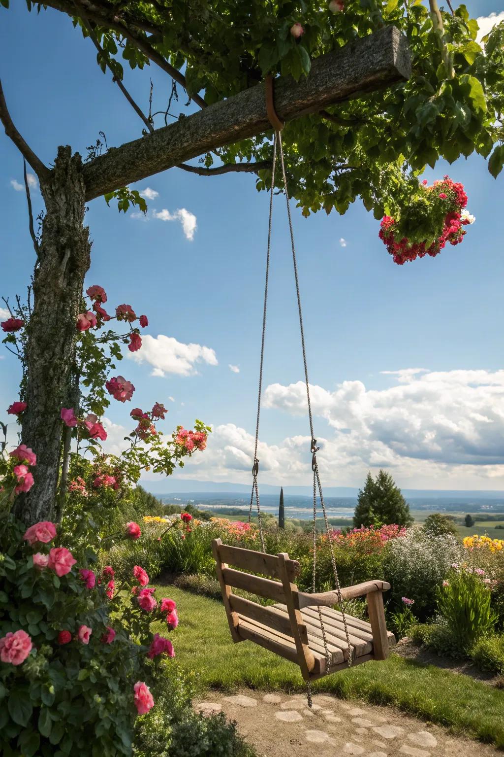 A whimsical garden swing perfect for relaxation.