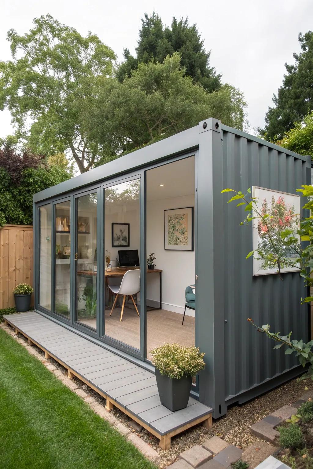 Shipping containers offer a unique and durable office space.