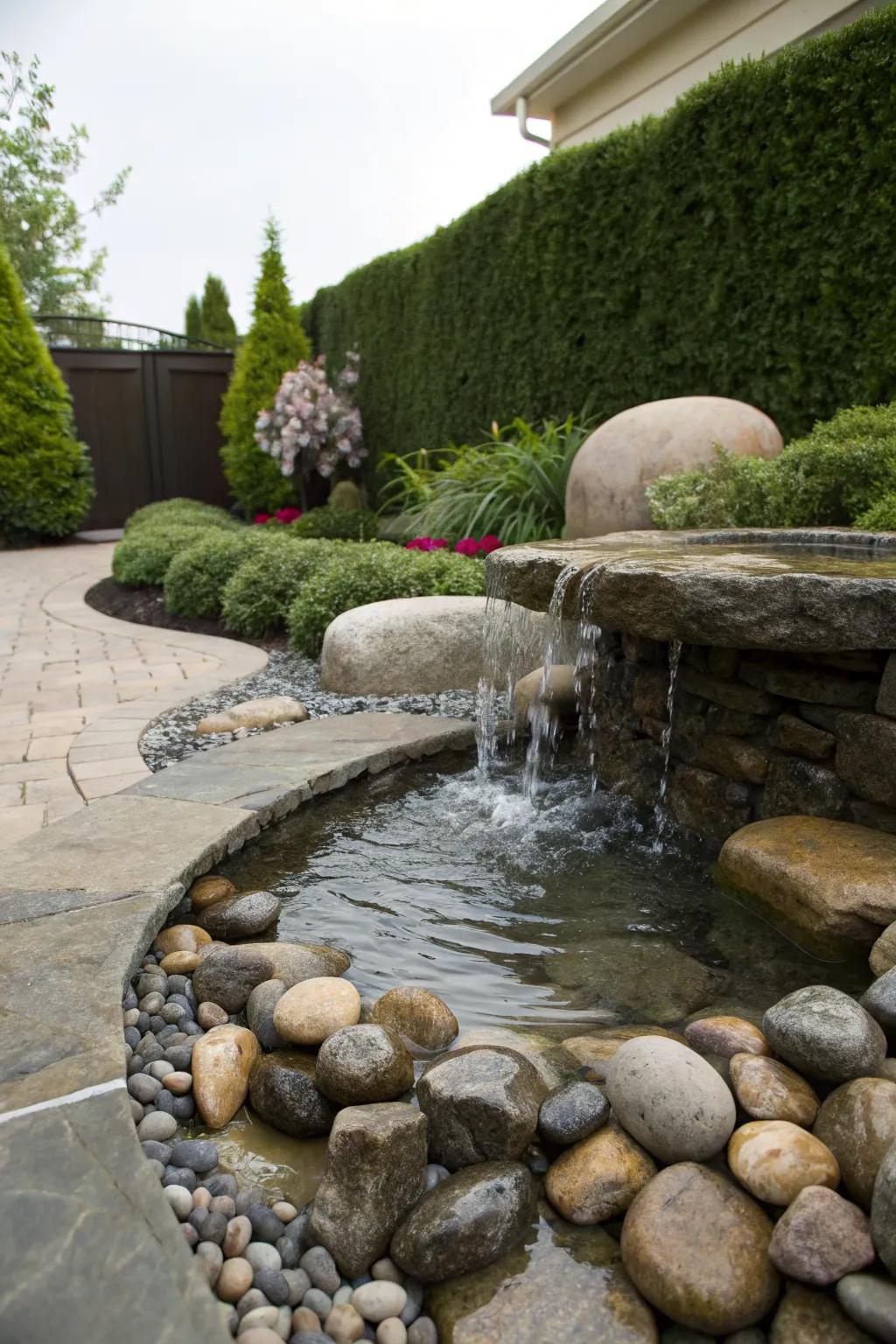 Natural stone and pebbles enhance the earthy feel.