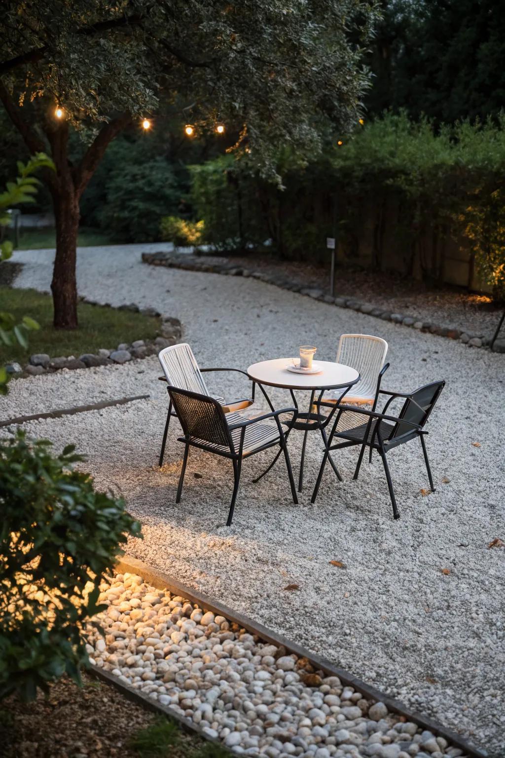 A gravel nook offers a perfect spot for relaxation.