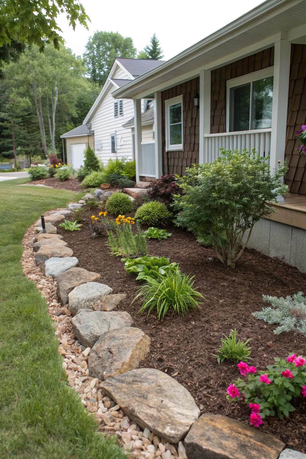 Mulch and rocks keep your yard tidy and low-maintenance.