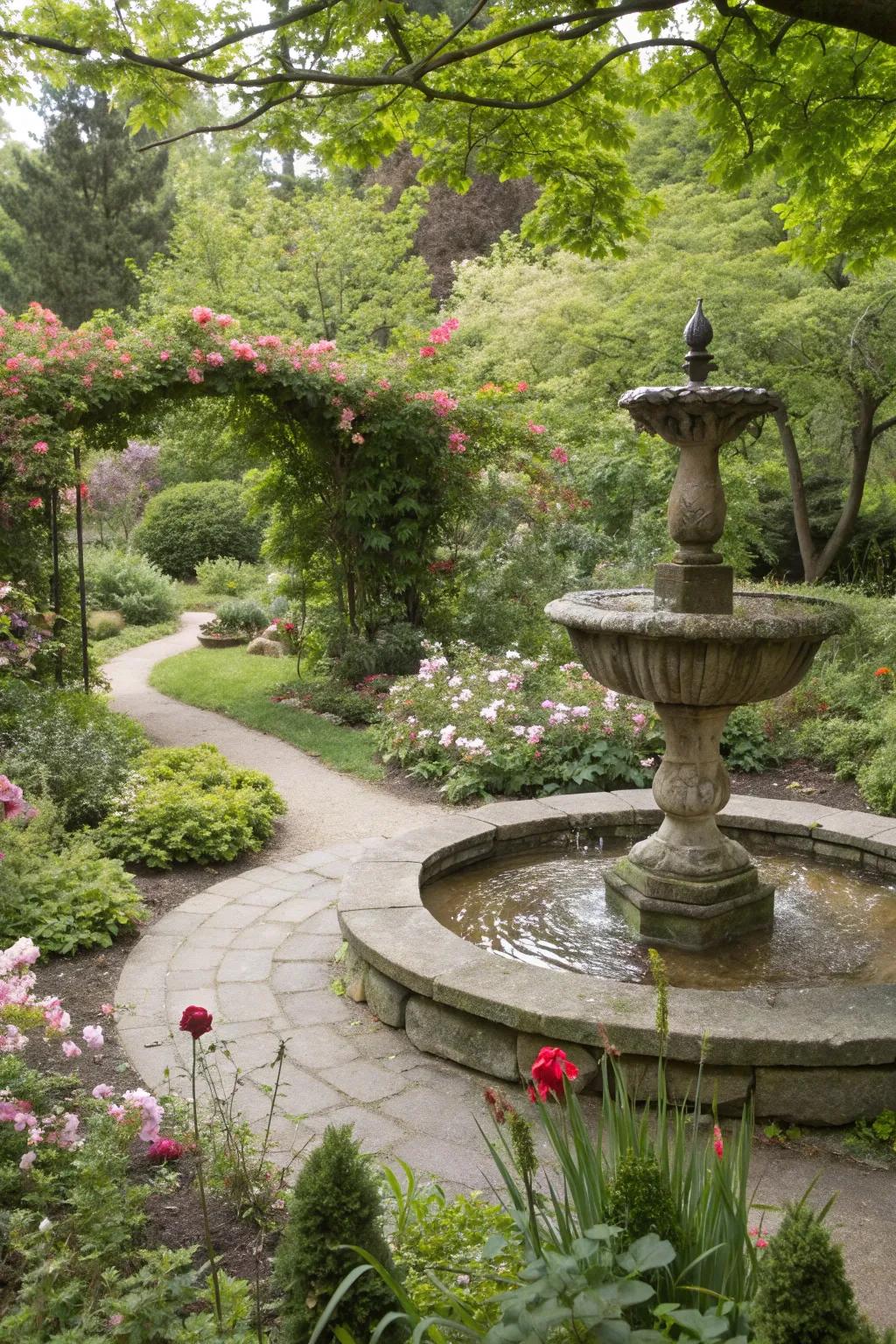 A small stone fountain creates a tranquil atmosphere in the garden.