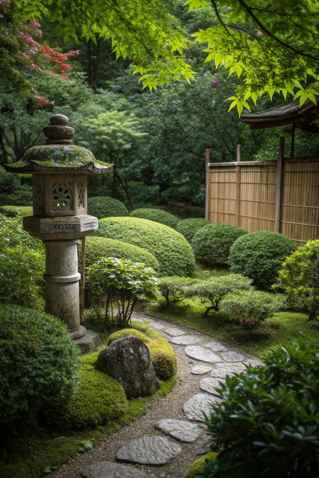 Traditional stone lanterns provide a touch of timeless elegance.