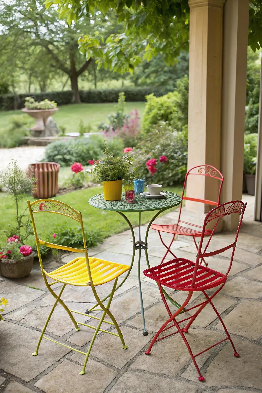 Rustic furniture with a splash of color adds lively charm.